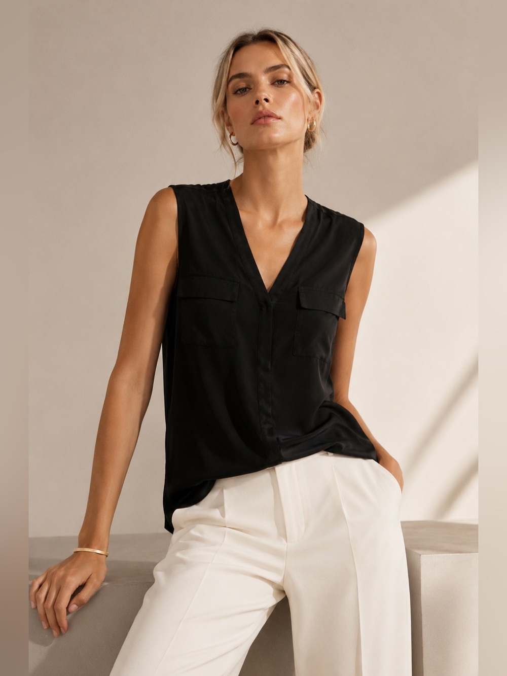 Joie 100% Silk Sleeveless Blouse | Black Utility Pocket Tank | Medium